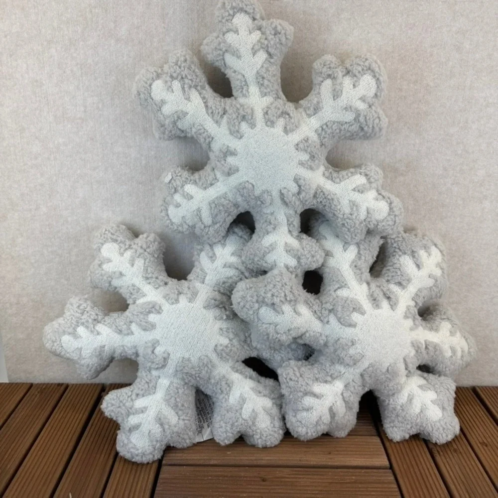 Snowflake Plush Throw Pillow Lot of 3 Gray White Textured Cozy Accent Holiday